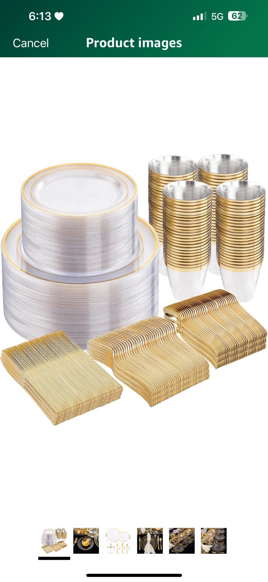600pc Gold Trim Plastic Dinnerware Set for Party: 100 Dinner Plates, 100 Dessert Plates, 300 Cutlery