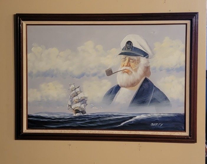 VINTAGE OIL ON CANVAS NAUTICAL SHIP WITH CAPTAIN PAINTING 29X41 SIGNED BY BERRY 