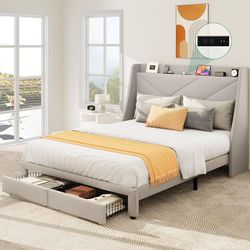 YITAHOME Storage Bed Frame, Queen Size Bed Frame with Type-C & USB Port and 2 Drawers, Upholstered Headboard Storage Shelf Platform Bed, No Box Spring