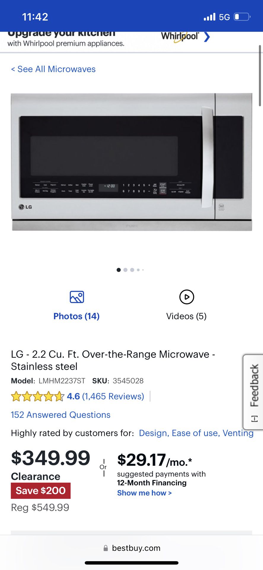 LG Microwave LMHM2237 