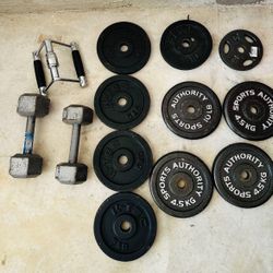 Weight Plates Plus Dumbbells + Curl Bar