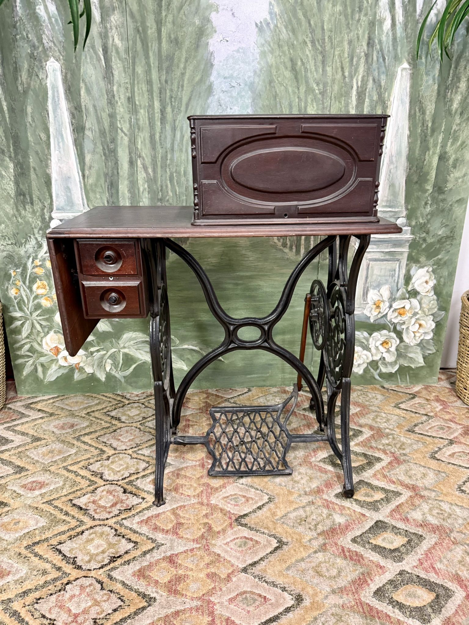 Antique Cast Iron & Mahogany Sewing Table by The Rand MFG CO