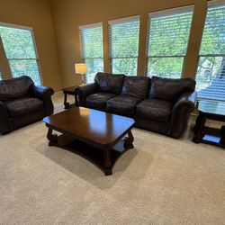 Living Room Set (Leather/Cherry wood) - Havertys