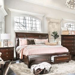 Brand New Dark Cherry Storage 4pc E.King Size Bedroom Set 