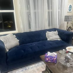Blue Velvet Living Room Set – Sofa + 2 Loveseats