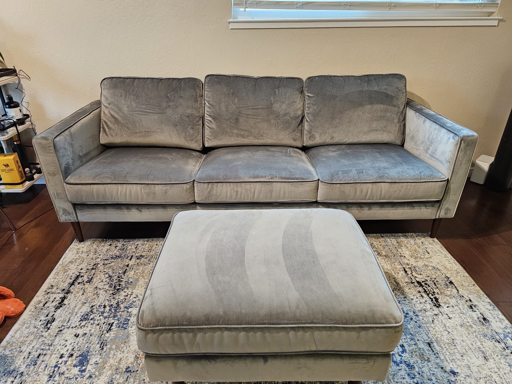 Living Spaces Fairfax Velvet 90” Couch with Ottoman