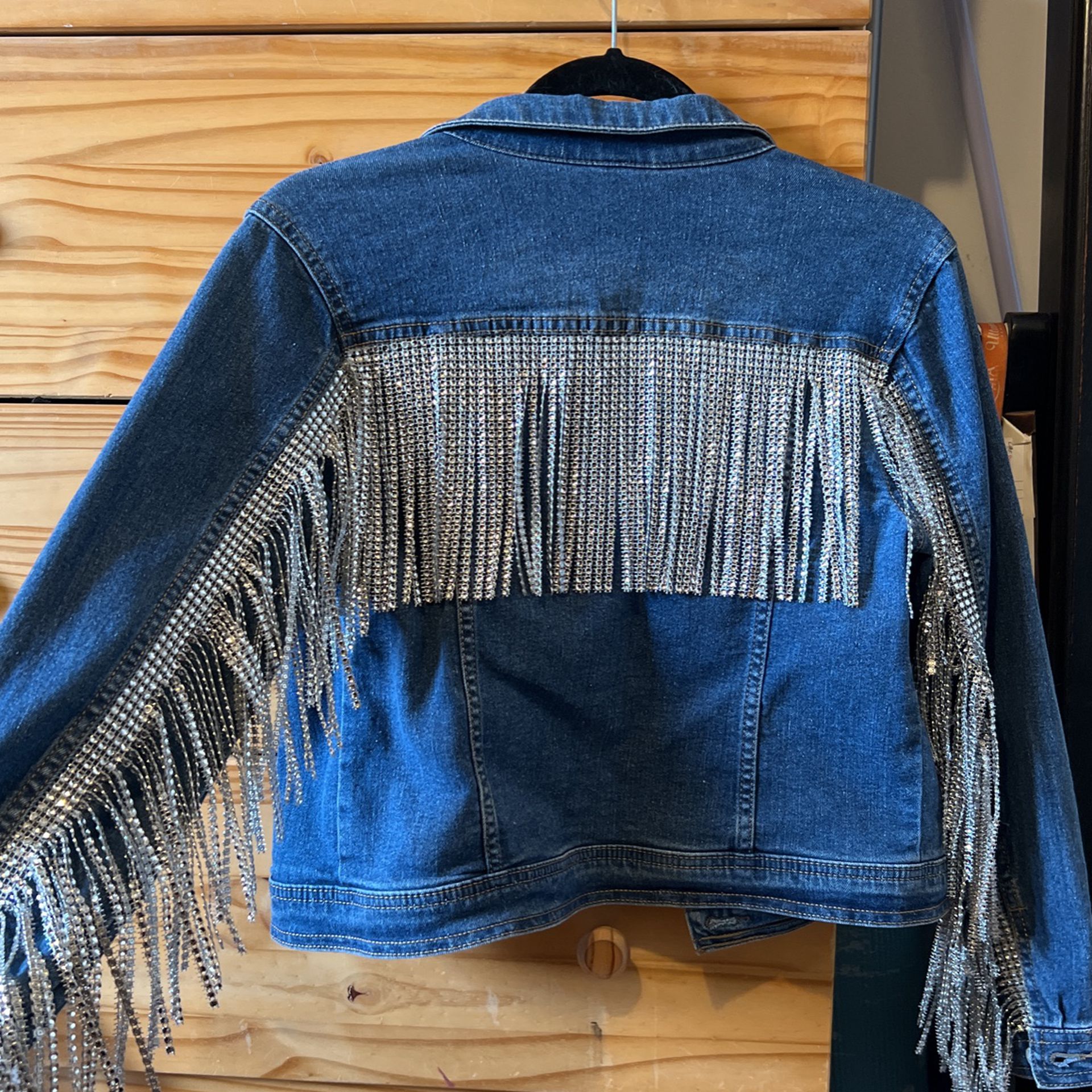 Rhinestone fringe denim jacket with silver details, perfect first stagecoach