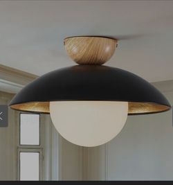 Rennnsan 1-Light Modern Black Dome Gold Leaf Semi-Flush Mount Light w/Opal Glass Globe Bubble Shade - 14.5 in. W x 9.8 in. H