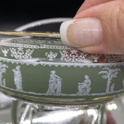 Wedgwood Dessert Bowl Jeanette Glass Hellenic Pattern Green w/Gold Trim 4.5” in diameter 