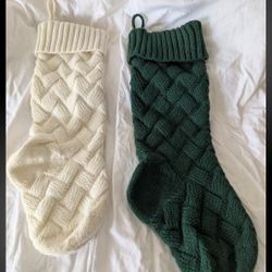 2 Pack 14.5" Green And Cream Knitted Christmas Stockings for Xmas Holiday Party Hanging Stocking Decorations
