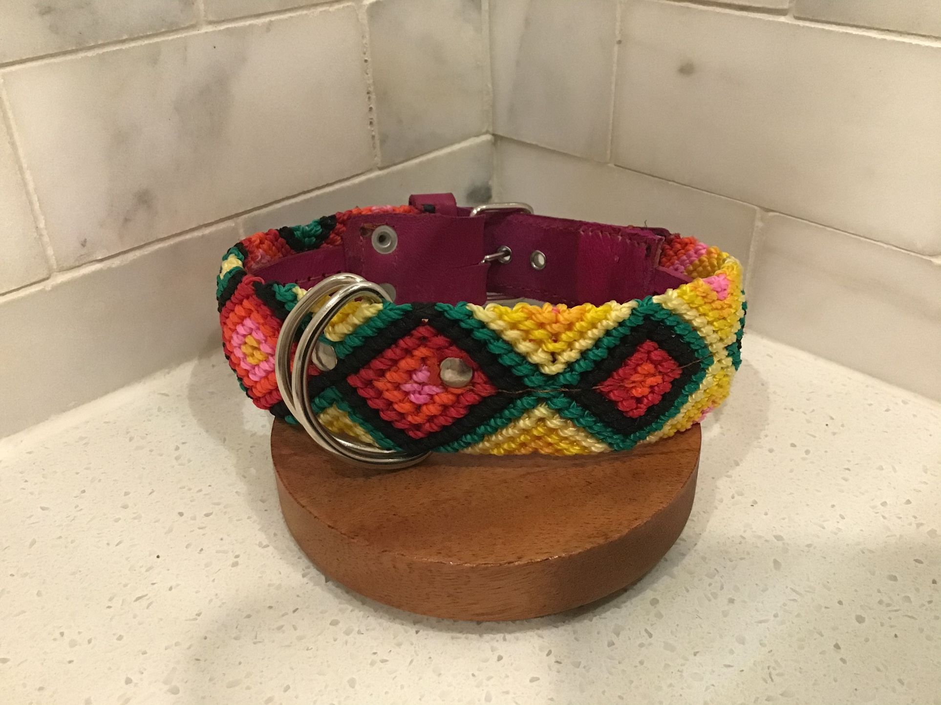 Handmade Dog Collar – 16” Medium – Vibrant Yellow & Red Pattern