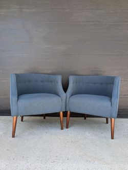 Pair Blue Mid Century MCM Style Tufted Arm Chairs Barrel Back Chairs