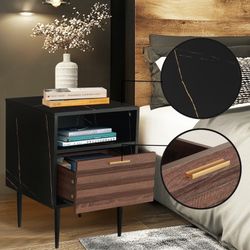 Modern Particle Board Nightstand with Drawer and Open Shelf