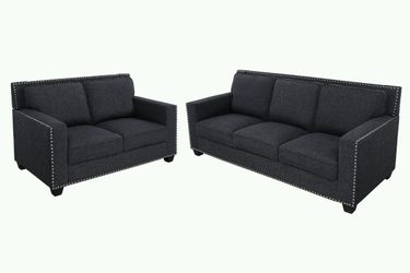 Brand New Dark Gray Linen 2pc Sofa & Loveseat With Nail Studded Trim