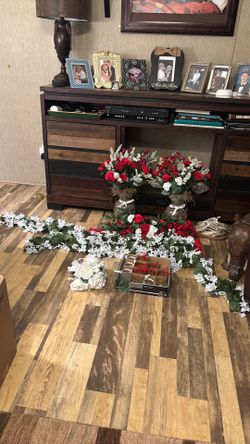 Vases, red and white roses, streamers, bridal bouquet, candles