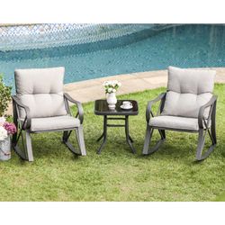 3 Piece Bistro Set Patio Rocking Chairs Outdoor Furniture w Warm Gray Cushions, Glass-Top Table for Garden, Pool, Backyard