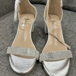 Wide Fit Women's Rhinestone Embellished Open Toe Block Heel Diamond Silver Party Sandals Size 7 