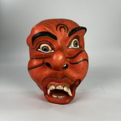 Antique Japanese Crooked Face Tengu Mask Traditional Kagura mask Carved Wood