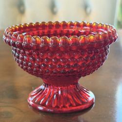 Ruby Red Hobnail Glass Candy Dish w/ Pedestal Base