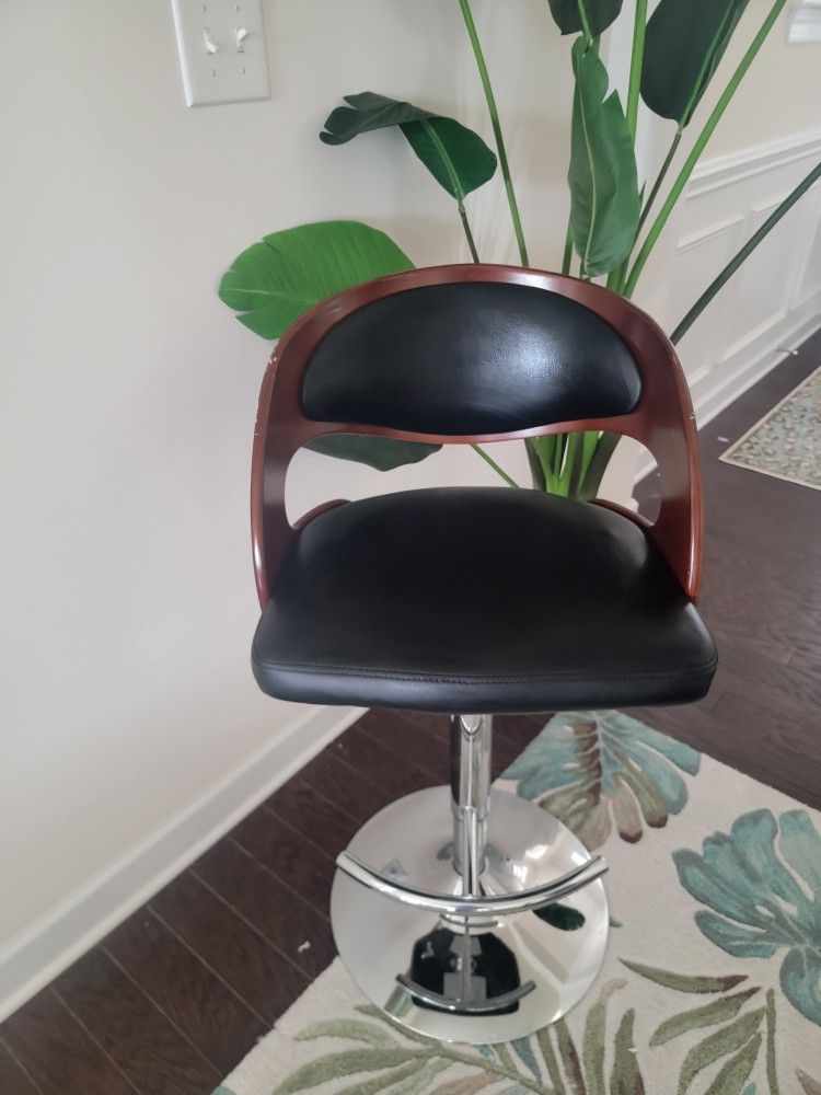 Two Black Leather And Wood Bar Stools