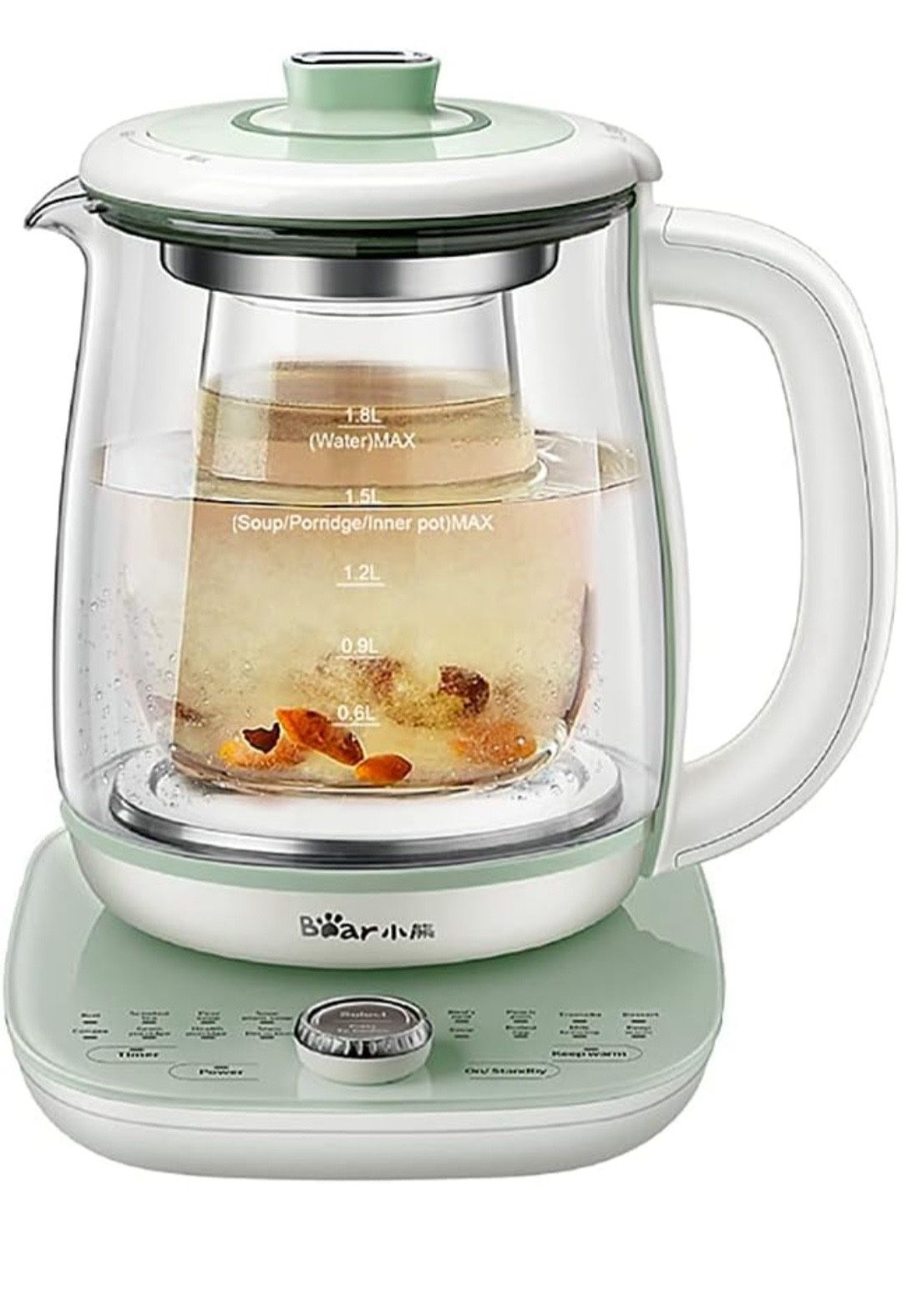 Bear YSH-C18S2 Health Pot, Electric Kettle Tea Maker with Infuser, Glass Kettle & Stew Pot, 16 Menus 1.8L 120V, Green