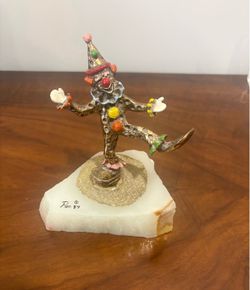 Signed Ron By Painted Metal Circus Clown Figurine on Stone Base, 1984