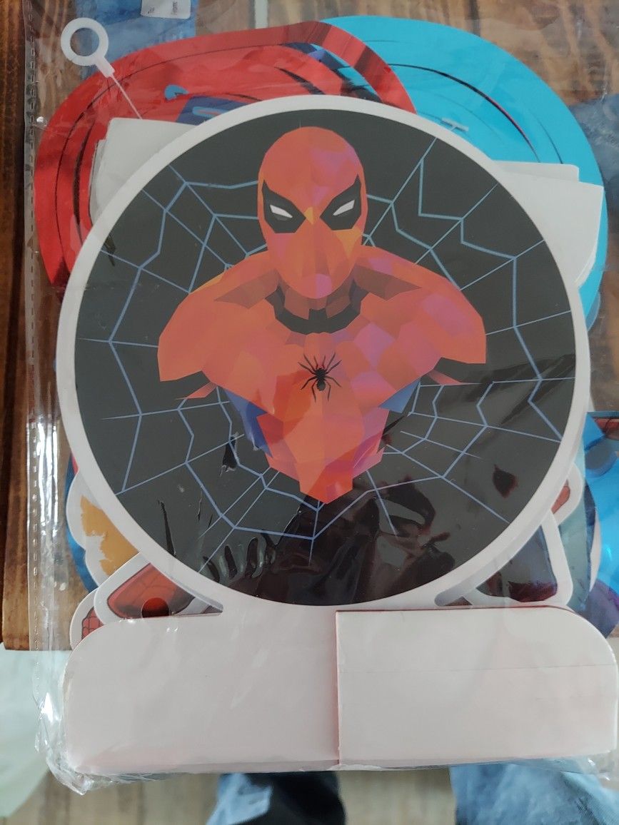 Spiderman Party Stuff. Table Standups 4, Hanging Spideys And Hanging Spheres Ballons