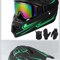 Youth Kids Motocross Helmet Motorcycle Dirt Bike Off-Road Mountain Bike BMX MX ATV Helmet with(Gloves Goggles Mask) 4Pcs Set - DOT Approved(Green,S)