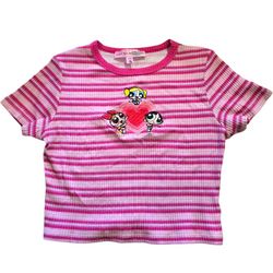 Dolls Kill x Powerpuff Girls Striped Fighting Strong Baby Tee SZ M