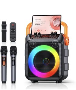 Karaoke Machine with 2 Wireless Mics,Portable Bluetooth Speaker & TWS Mode, 20W HD Sound with 6 Ligh