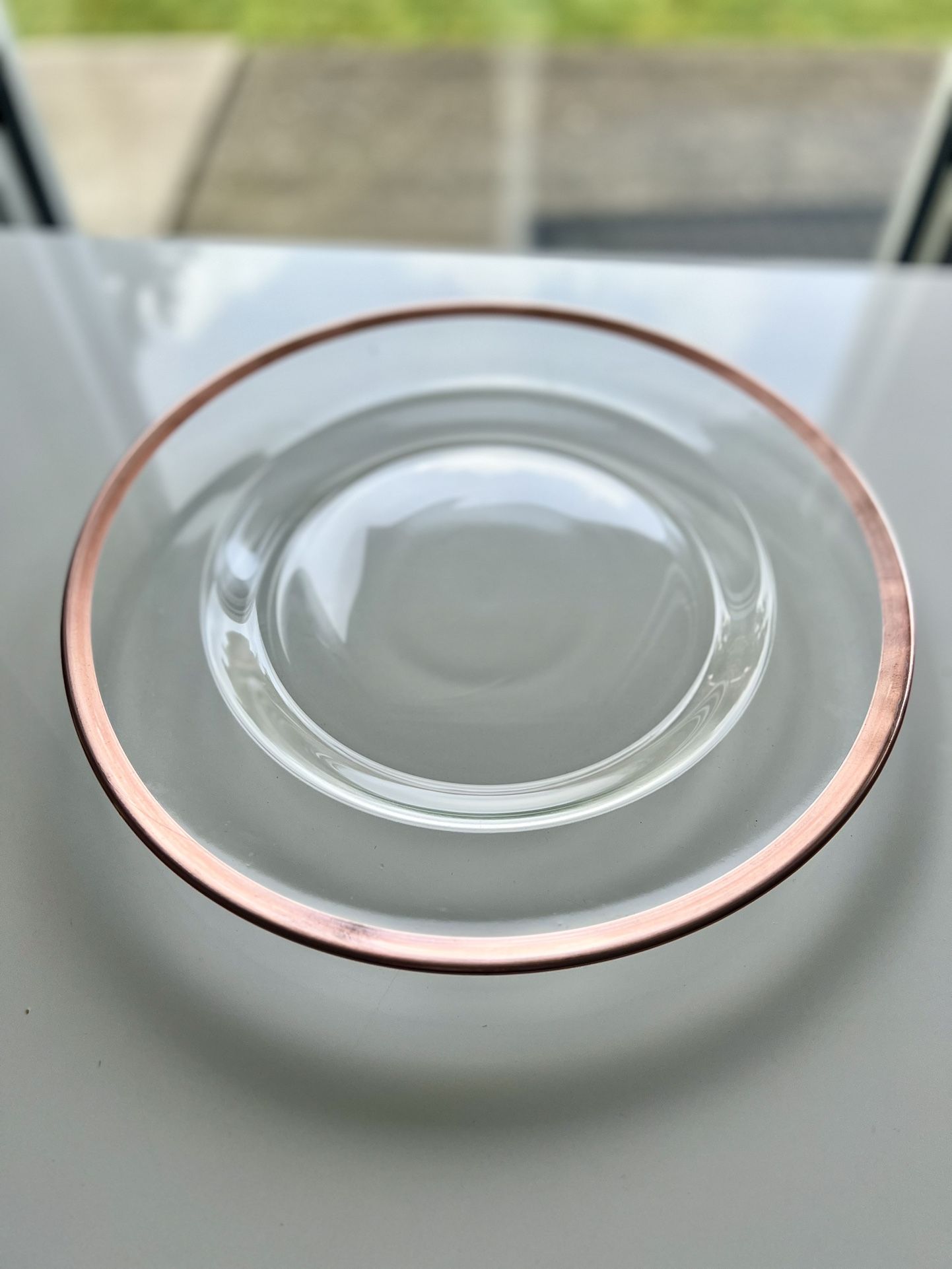 Clear Glass Charger With Rose Gold Rim 