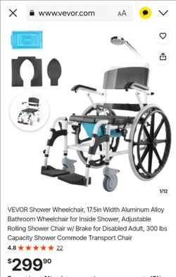 VEVOR Shower Wheelchair, 17.5in Width Aluminum Alloy Bathroom Wheelchair for Inside Shower, Adjustable Rolling Shower Chair w/ Brake for Disabled Adul