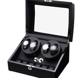 Automatic Watch Winder Box for Winding 4 Watches + 6 Storage Quiet Motor Piano Paint Exterior Adapter and Battery Powered.