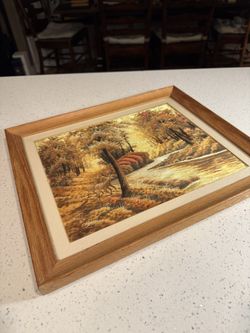 Vintage Framed Textile Landscape Art Deer Forest Fall Scene Mid Century Rustic Cabin Decor
