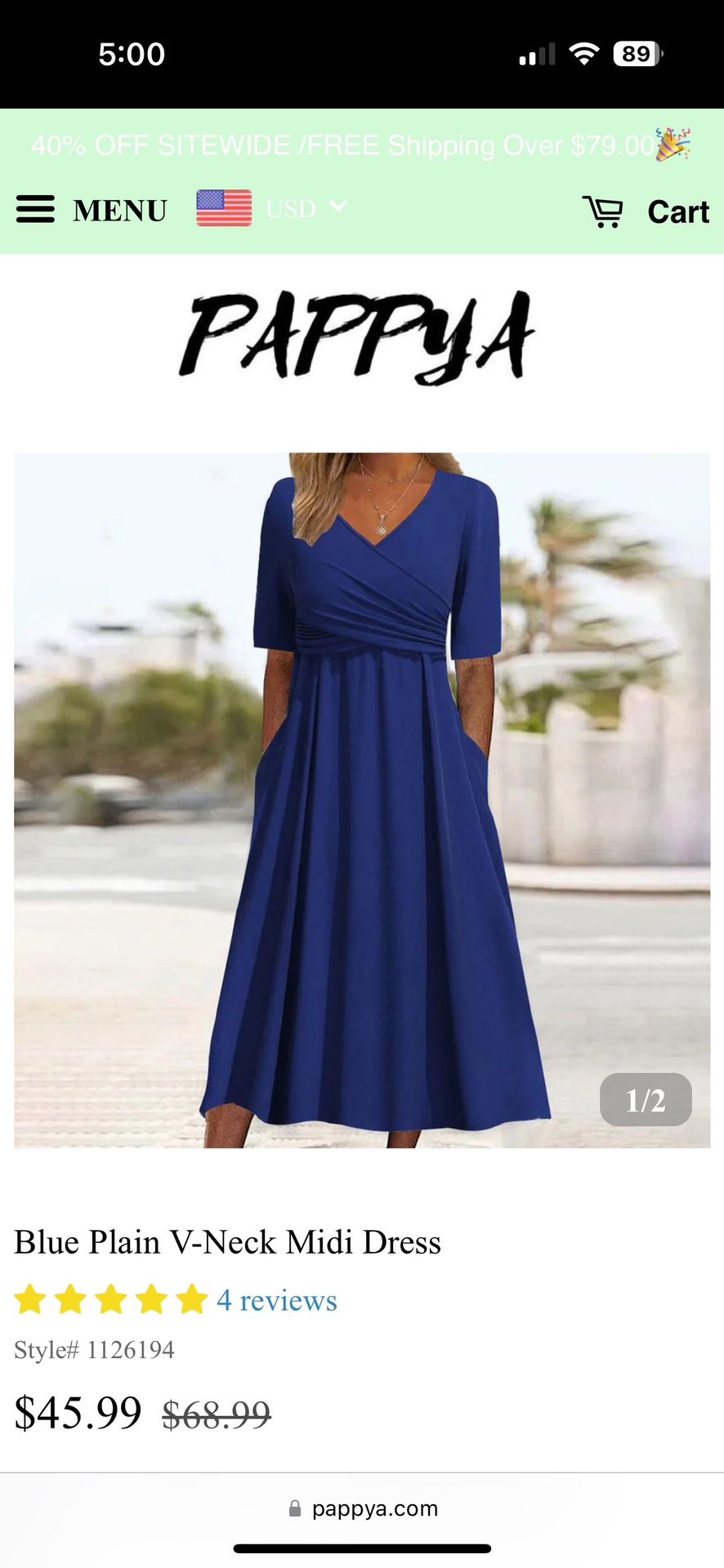 Blue Plain V-Neck Midi Dress