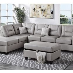 Gray Faux Leather Sectional Sofa With Ottoman 