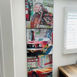(3) Matching Motorcycle/Mustang/Corvette car vehicle retro art themed high-quality and heavy canvas prints (27” x 27” x 2”) from ZGallerie for Mancave