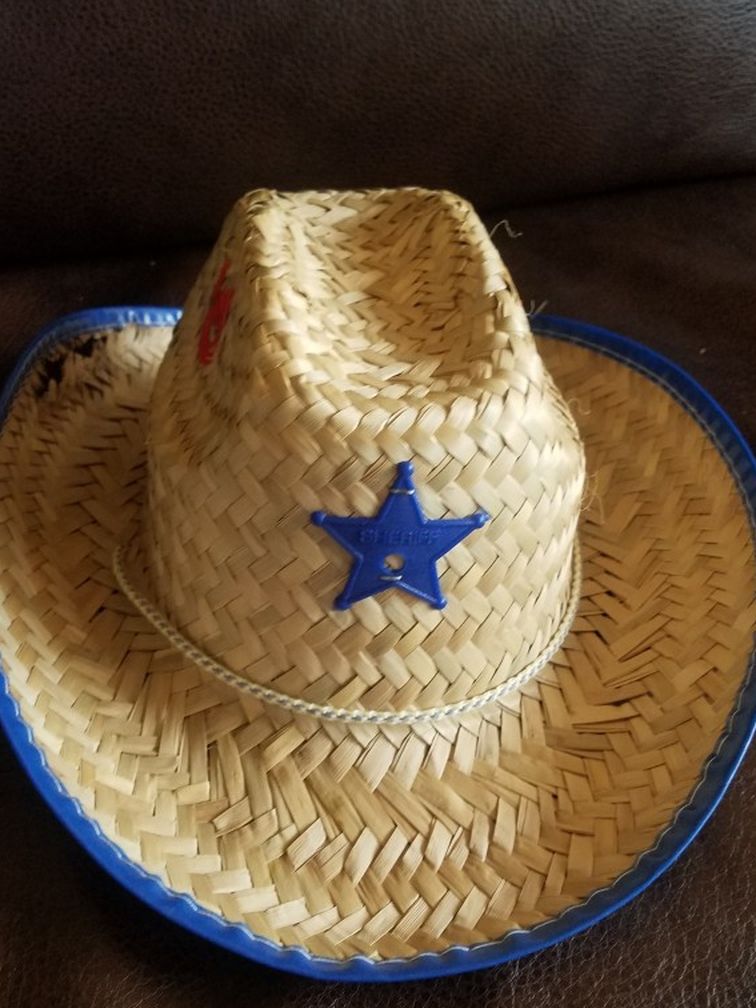 Sheriff Dress Up Hat For Boys And Girls Straw Tie Closure Plastic * The Front Horseshoes On The Side Red Blue White And Beige