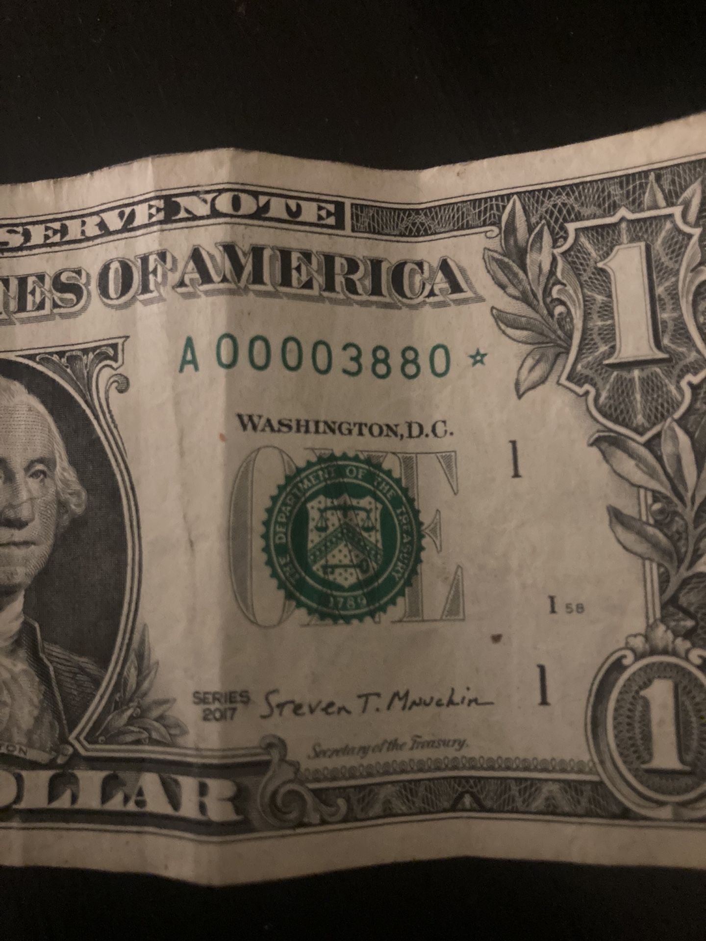 Rare Collectible One $ 1 Dollar Bill A00003880* low serial number + Star Note *