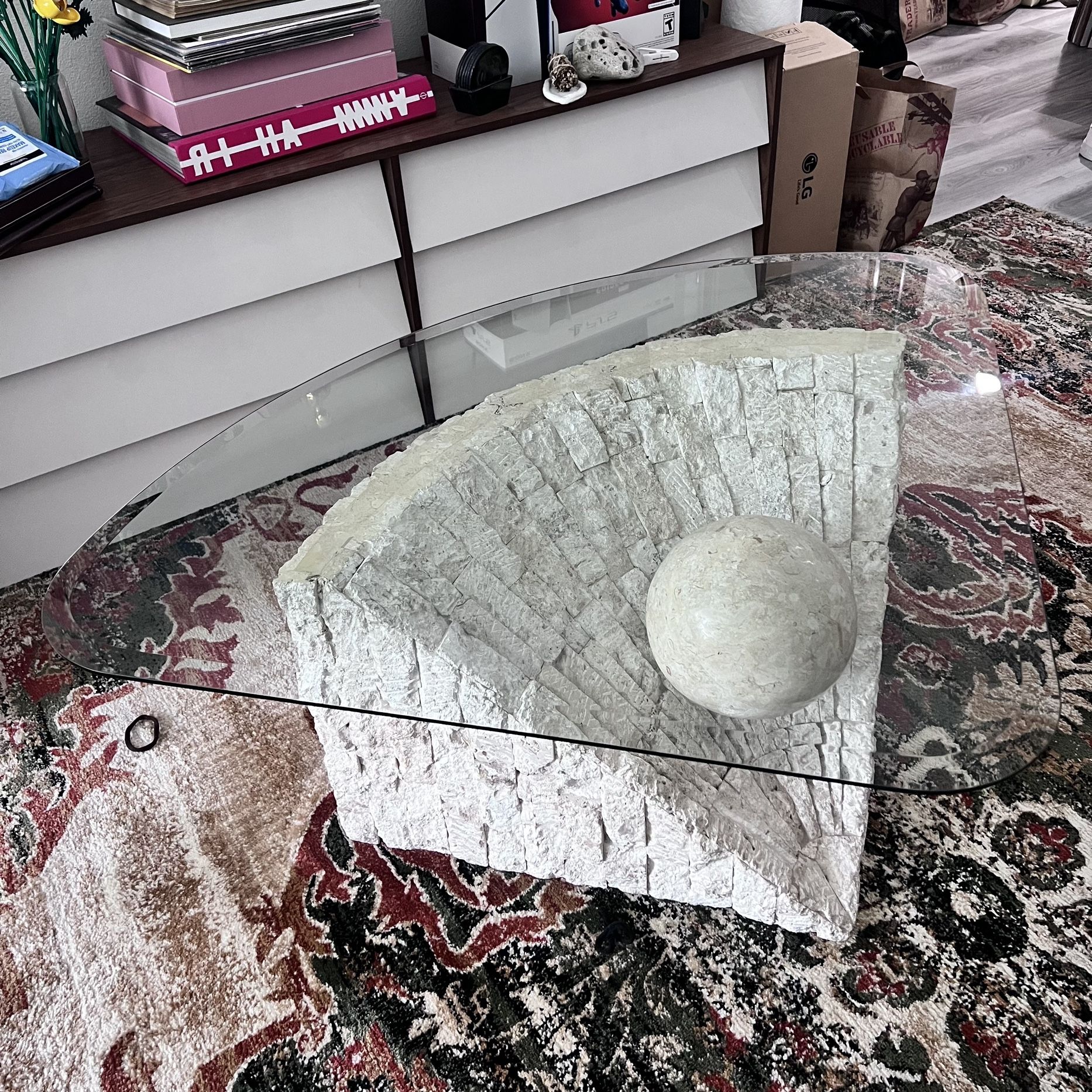 Postmodern Triangular Tessellated Stone Coffee Table Sphere Style
