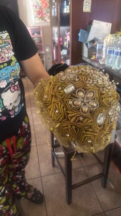 Gold Brooch Bridal Bouquet with Rhinestones