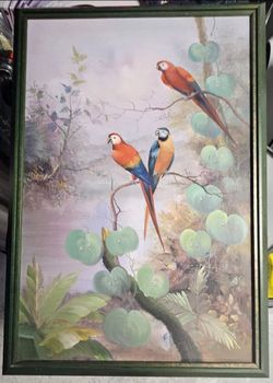 This is a decorative oil on canvas painting featuring vibrant macaws in a tropical jungle setting