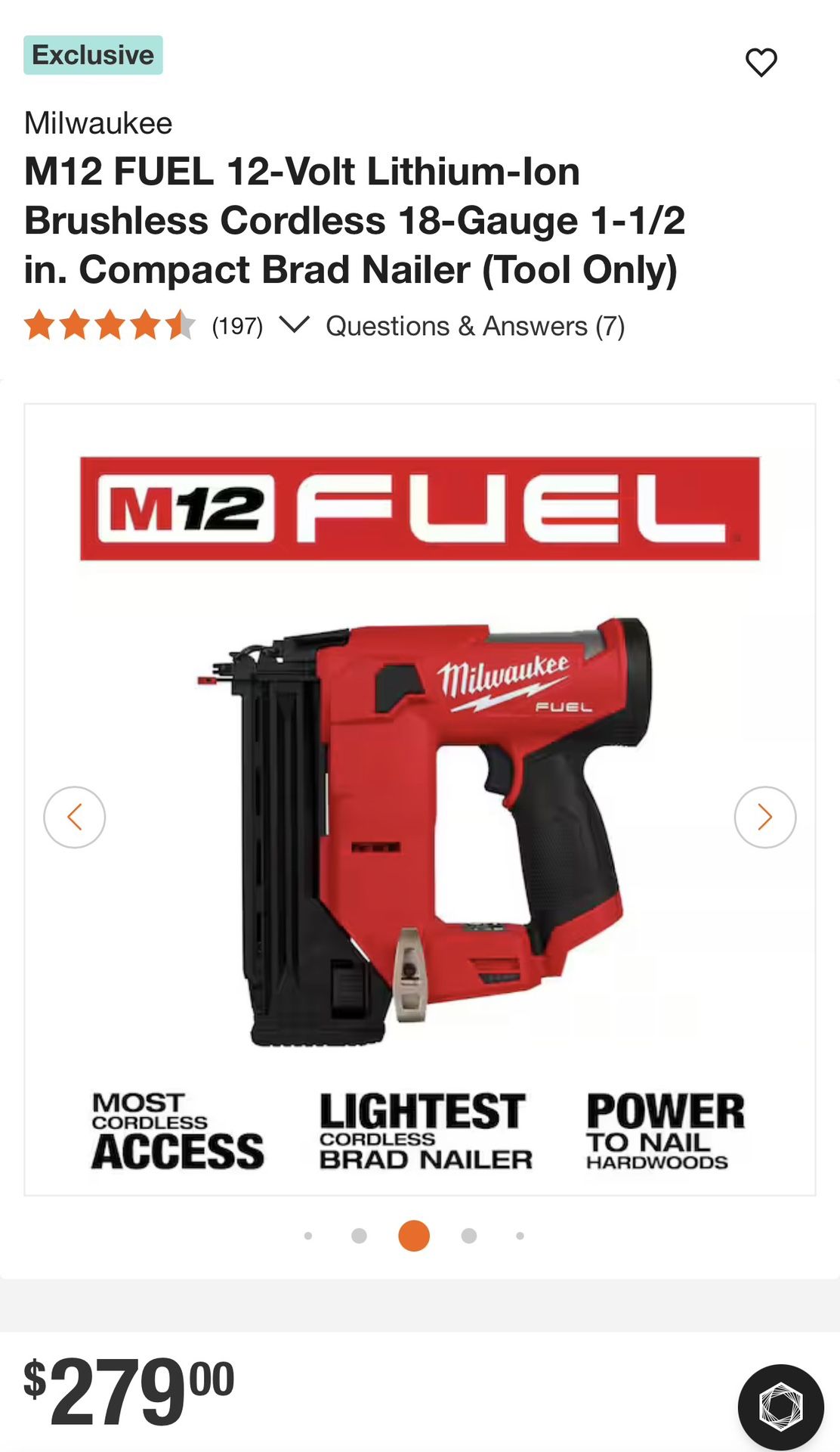 Milwaukee M12 FUEL 12-Volt Lithium-lon Brushless Cordless 18-Gauge 1-1/2 in. Compact Brad Nailer 