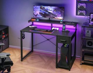 Gaming Desk with LED Lights & Power Outlet, 40 Inch Computer Desk with Drawer, Reversible Desk with Monitor Stand