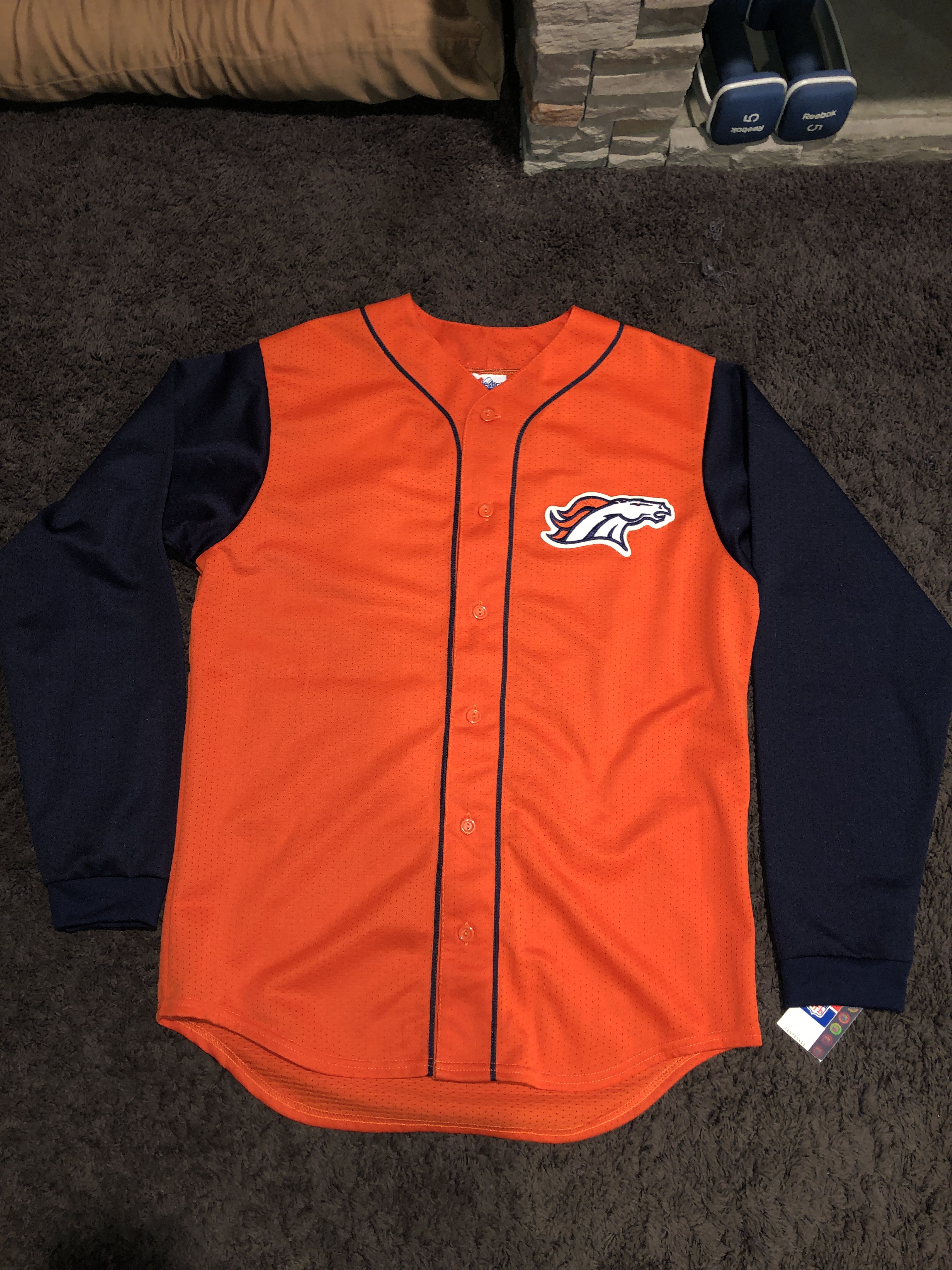 men's nfl majestic merchandise denver broncos rare long sleeve baseball style mesh jersey