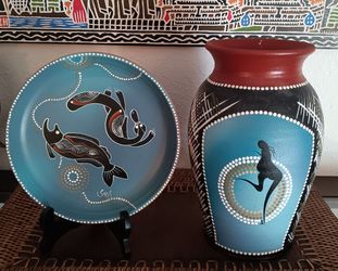 Australian Aborigine Art Terra Cotta Plate & Vase