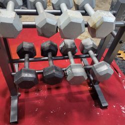 SET OF   10s  15s  20s. 25s.  HEXHEAD DUMBBELLS TOTAL 140LBs  AND GOLD'S GYM 2-TIER RACK
11525 S HALSTED DUNKIN DONUTS/7111.S WESTERN WALGREENS 
150$ 