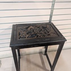 Vintage Hand Carved Wooden Side Table Asian Relief Panel Folk Art Accent Furniture
