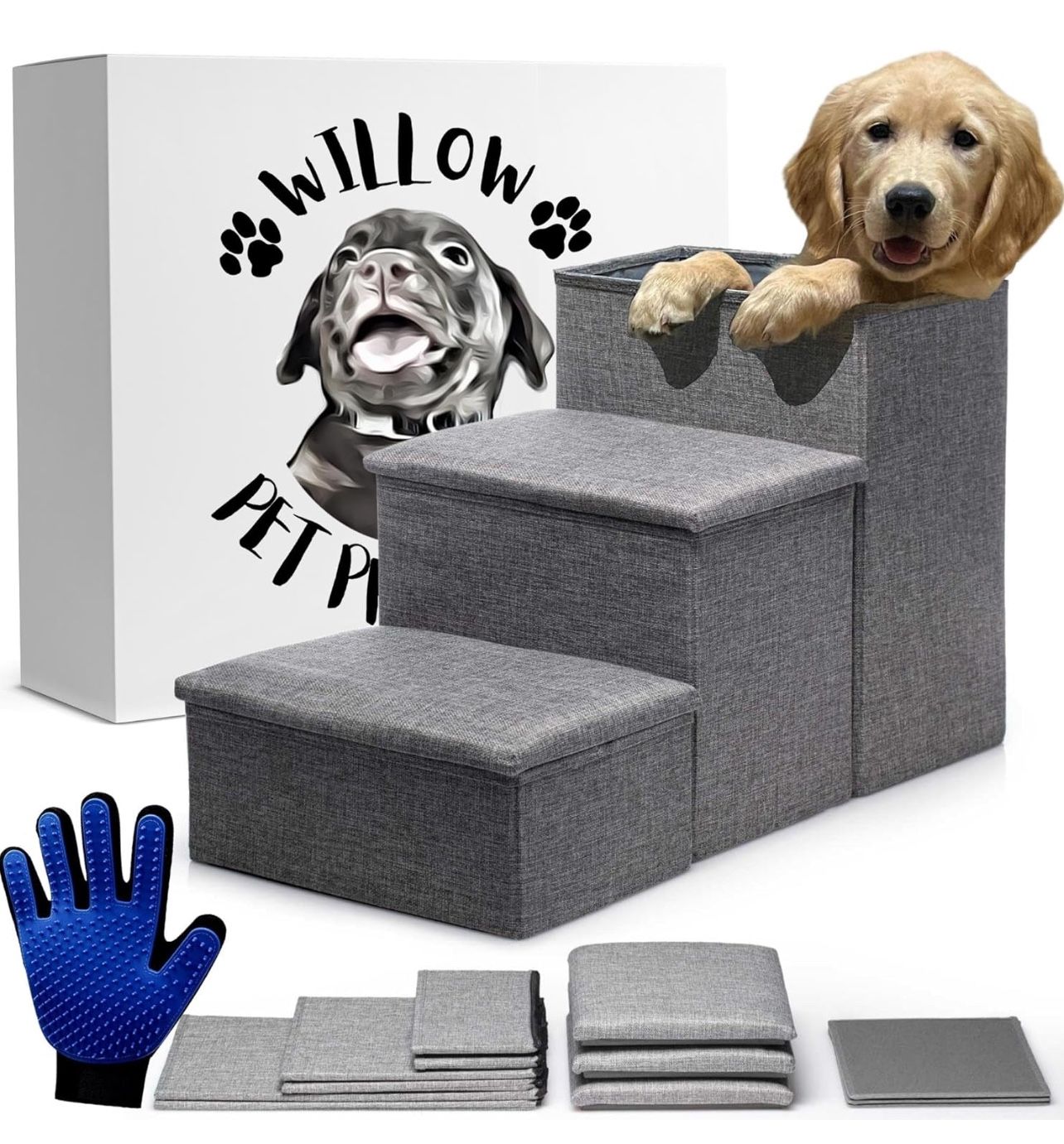 24-inch Dog Stairs for High Beds Up to 32-inch- Foldable Pet Steps for Large Dogs W/Storage- Puppy Dog Stairs to Bed