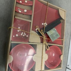 NEW~10 Piece Red Sushi Plate Set ~ World Market Asian Cherry Blossom Ceramic